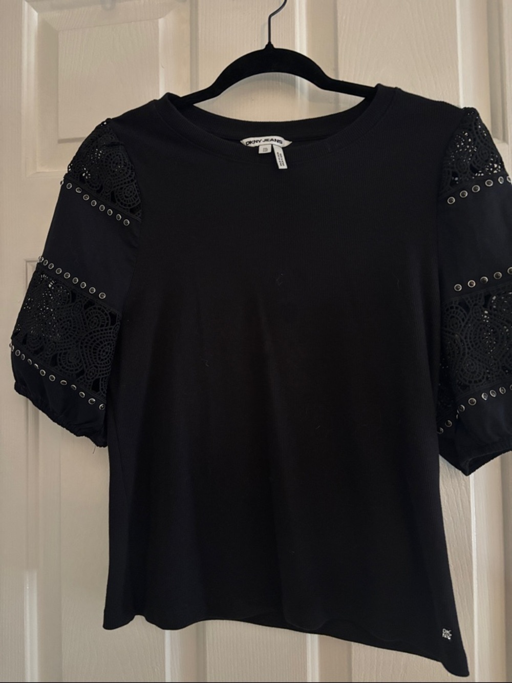 DKNY Black Knit Top with Eyelet Puff Sleeves